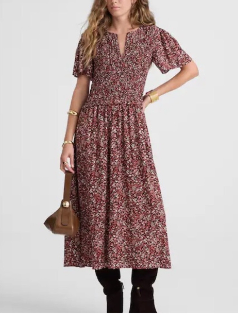 Madewell Zip-Front Flutter-Sleeve Midi Dress Floral Daphne Floral Raisin Blush